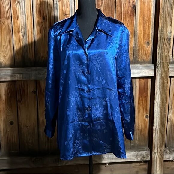 Liz Baker Woman blouse top tunic career blue floral plus 1X FIRm on PRICE - Picture 1 of 6